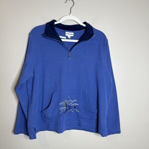 womens quarter zip Pullover Blue Embroidered Preppy Cottage‎ VTG L 90s Nature